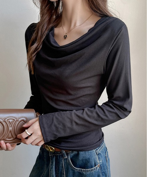 shyam inspiration(シャムインスピレーション)の「ドレープネックロンT(Tシャツ/カットソー・レディース・ホワイト/チャコールグレー/ブラウン/ブラック/ライトグレー・M/L)」の3枚目の写真