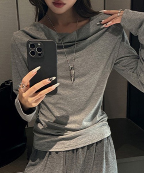 shyam inspiration(シャムインスピレーション)の「ドレープネックロンT(Tシャツ/カットソー・レディース・ホワイト/チャコールグレー/ブラウン/ブラック/ライトグレー・M/L)」の17枚目の写真