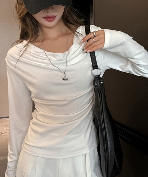 shyam inspiration(シャムインスピレーション)の「ドレープネックロンT(Tシャツ/カットソー・レディース・ホワイト/チャコールグレー/ブラウン/ブラック/ライトグレー・M/L)」の7枚目の写真