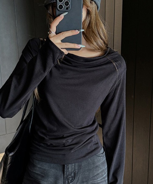 shyam inspiration(シャムインスピレーション)の「ドレープネックロンT(Tシャツ/カットソー・レディース・ホワイト/チャコールグレー/ブラウン/ブラック/ライトグレー・M/L)」の14枚目の写真