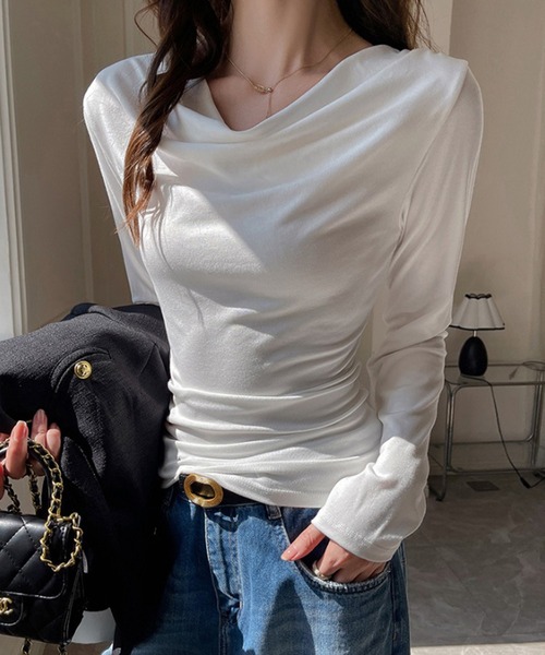 shyam inspiration(シャムインスピレーション)の「ドレープネックロンT(Tシャツ/カットソー・レディース・ホワイト/チャコールグレー/ブラウン/ブラック/ライトグレー・M/L)」の11枚目の写真
