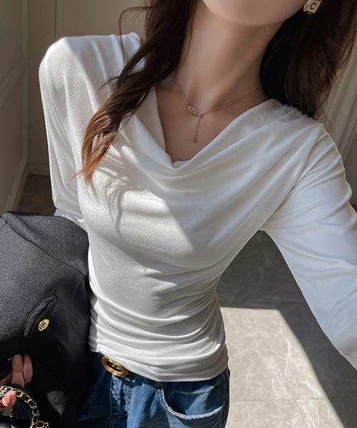 shyam inspiration(シャムインスピレーション)の「ドレープネックロンT(Tシャツ/カットソー・レディース・ホワイト/チャコールグレー/ブラウン/ブラック/ライトグレー・M/L)」の12枚目の写真