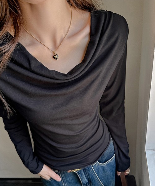 shyam inspiration(シャムインスピレーション)の「ドレープネックロンT(Tシャツ/カットソー・レディース・ホワイト/チャコールグレー/ブラウン/ブラック/ライトグレー・M/L)」の15枚目の写真