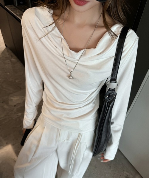 shyam inspiration(シャムインスピレーション)の「ドレープネックロンT(Tシャツ/カットソー・レディース・ホワイト/チャコールグレー/ブラウン/ブラック/ライトグレー・M/L)」の9枚目の写真
