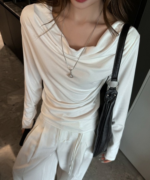 shyam inspiration(シャムインスピレーション)の「ドレープネックロンT(Tシャツ/カットソー・レディース・ホワイト/チャコールグレー/ブラウン/ブラック/ライトグレー・M/L)」の10枚目の写真