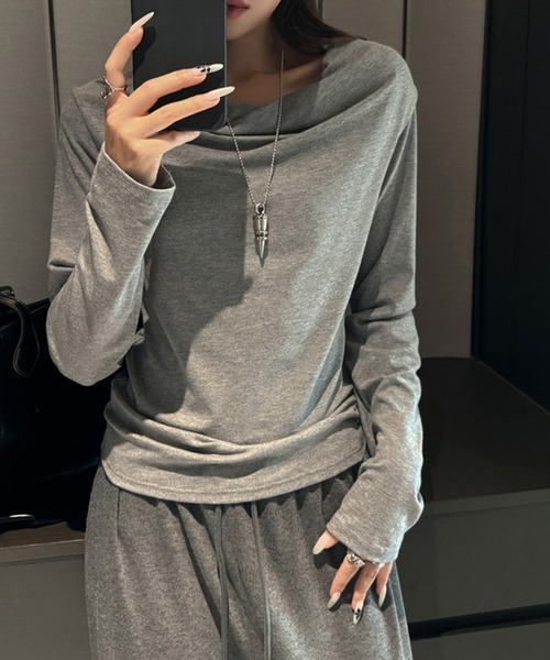 shyam inspiration(シャムインスピレーション)の「ドレープネックロンT(Tシャツ/カットソー・レディース・ホワイト/チャコールグレー/ブラウン/ブラック/ライトグレー・M/L)」の18枚目の写真