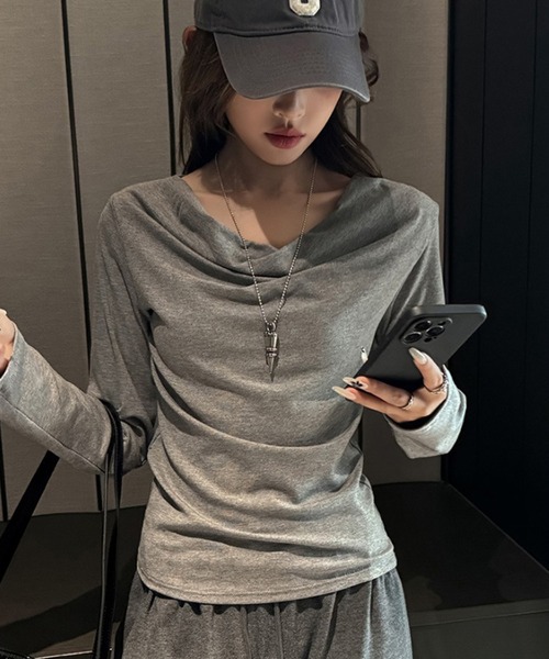 shyam inspiration(シャムインスピレーション)の「ドレープネックロンT(Tシャツ/カットソー・レディース・ホワイト/チャコールグレー/ブラウン/ブラック/ライトグレー・M/L)」の19枚目の写真