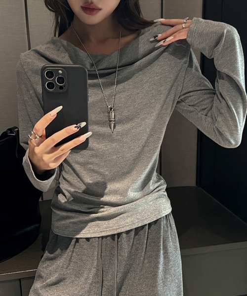 shyam inspiration(シャムインスピレーション)の「ドレープネックロンT(Tシャツ/カットソー・レディース・ホワイト/チャコールグレー/ブラウン/ブラック/ライトグレー・M/L)」の20枚目の写真