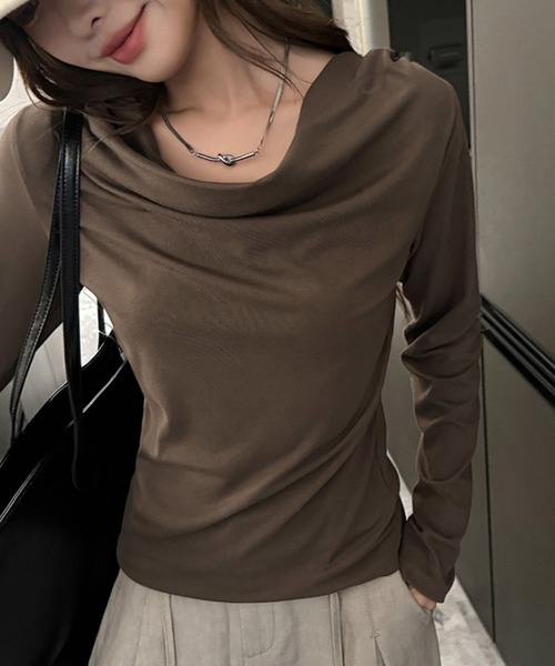 shyam inspiration(シャムインスピレーション)の「ドレープネックロンT(Tシャツ/カットソー・レディース・ホワイト/チャコールグレー/ブラウン/ブラック/ライトグレー・M/L)」の6枚目の写真
