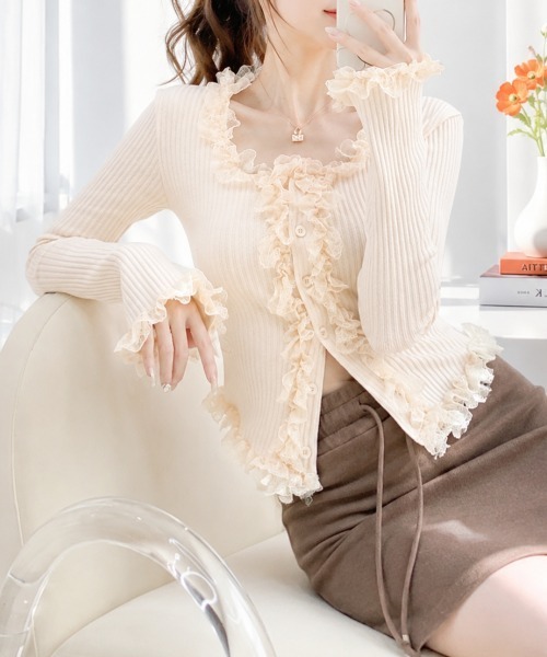 Amulet(アミュレット)の「フリルレースリブ長袖カーディガン(カーディガン/ボレロ・レディース・ベージュ/ブラウン/アイボリー/ピンク/グレー・FREE)」の12枚目の写真