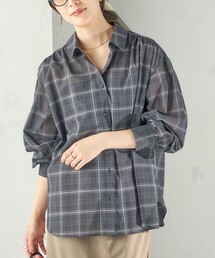〈洗濯機可能〉先染め チェック ボイル ギャザー シャツ