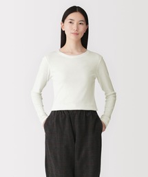 婦人 カシミヤ混リブ編みクルーネック長袖Tシャツ