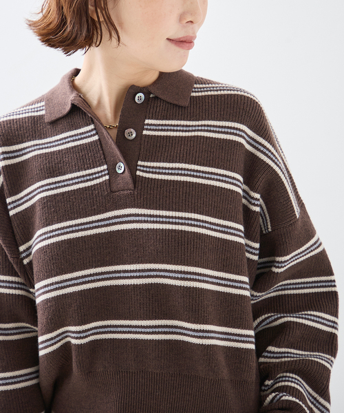 journal standard L'essage(ジャーナルスタンダードレサージュ)の「畔ボーダーニットポロシャツ(ニット/セーター・レディース・ブラック/ブラウン・FREE)」の2枚目の写真