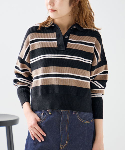 journal standard L'essage(ジャーナルスタンダードレサージュ)の「畔ボーダーニットポロシャツ(ニット/セーター・レディース・ブラック/ブラウン・FREE)」の1枚目の写真