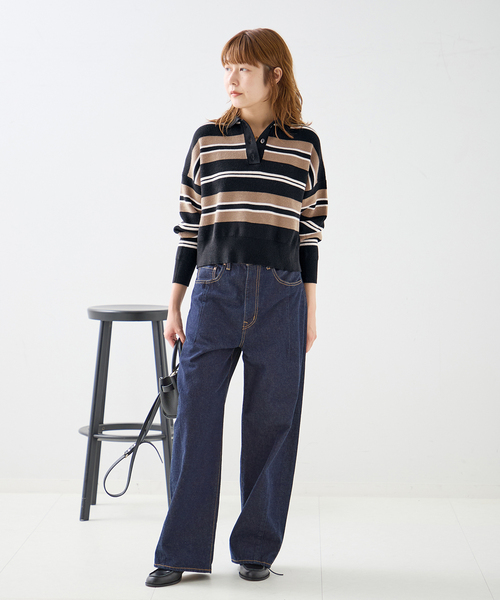 journal standard L'essage(ジャーナルスタンダードレサージュ)の「畔ボーダーニットポロシャツ(ニット/セーター・レディース・ブラック/ブラウン・FREE)」の3枚目の写真