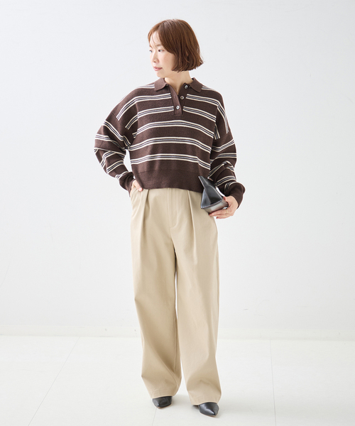 journal standard L'essage(ジャーナルスタンダードレサージュ)の「畔ボーダーニットポロシャツ(ニット/セーター・レディース・ブラック/ブラウン・FREE)」の4枚目の写真