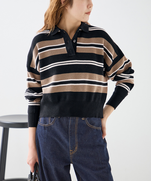 journal standard L'essage(ジャーナルスタンダードレサージュ)の「畔ボーダーニットポロシャツ(ニット/セーター・レディース・ブラック/ブラウン・FREE)」の5枚目の写真