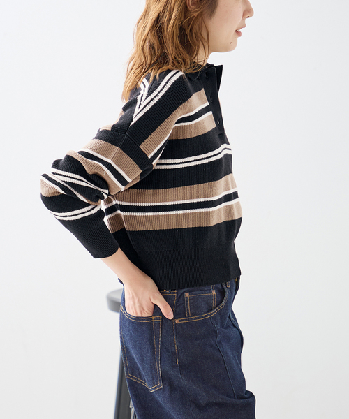 journal standard L'essage(ジャーナルスタンダードレサージュ)の「畔ボーダーニットポロシャツ(ニット/セーター・レディース・ブラック/ブラウン・FREE)」の6枚目の写真