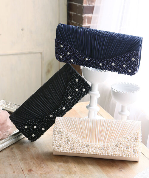 PourVous（プールヴー）の「パール ギャザー クラッチバッグ ラインストーン ビジュー お呼ばれ 結婚式 オケージョン 同窓会（クラッチバッグ・レディース・ブラック/ゴールド/ネイビー・FREE）」の15枚目の写真