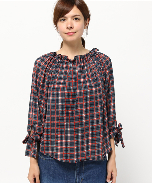 PLAIN CLOTHING(プレーンクロージング)の「2WAYチェックブラウス【PLAIN CLOTHING】(シャツ/ブラウス・レディース・マスタード/ピンク/ネイビー・FREE)」の4枚目の写真