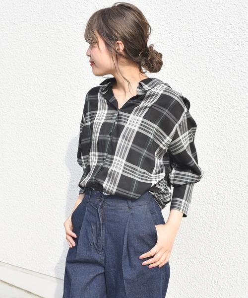 Khaju（カージュ）の「Khaju:チェックビッグシャツ（シャツ/ブラウス・レディース・ブラック/ワイン・ONE SIZE）」の15枚目の写真