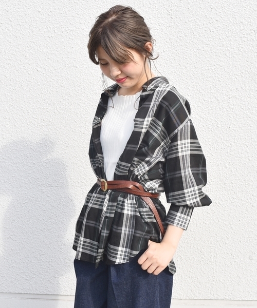 Khaju（カージュ）の「Khaju:チェックビッグシャツ（シャツ/ブラウス・レディース・ブラック/ワイン・ONE SIZE）」の4枚目の写真