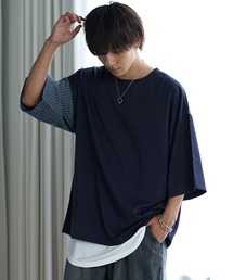 【MinoriTY】バイカラー切り替えビッグTシャツ メンズ 無地tシャツ 夏服 秋服 オーバーサイズ ルーズシルエット
