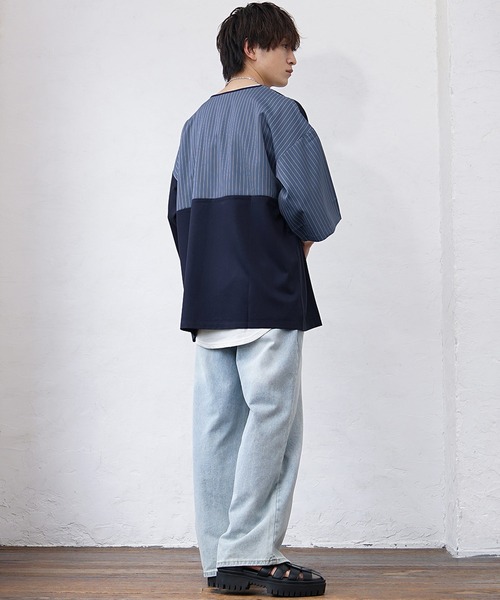 MinoriTY(マイノリティ)の「【MinoriTY】バイカラー切り替えビッグTシャツ メンズ 無地tシャツ 夏服 秋服 オーバーサイズ ルーズシルエット(Tシャツ/カットソー・メンズ・ブラック系その他/グレー系その他/ブルー系その他/レッド系その他/グレー系その他2/ブルー系その他2/ブラック系その他2・M/L/S)」の11枚目の写真