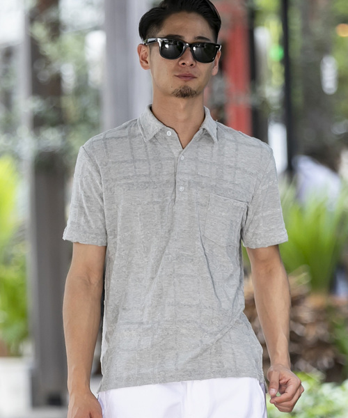 A.S.M（エーエスエム）の「チェック柄 ジャカード パイル 半袖 ポロシャツ（ポロシャツ・メンズ・グレー/ネイビー/ホワイト/ブラック・48/50）」の4枚目の写真