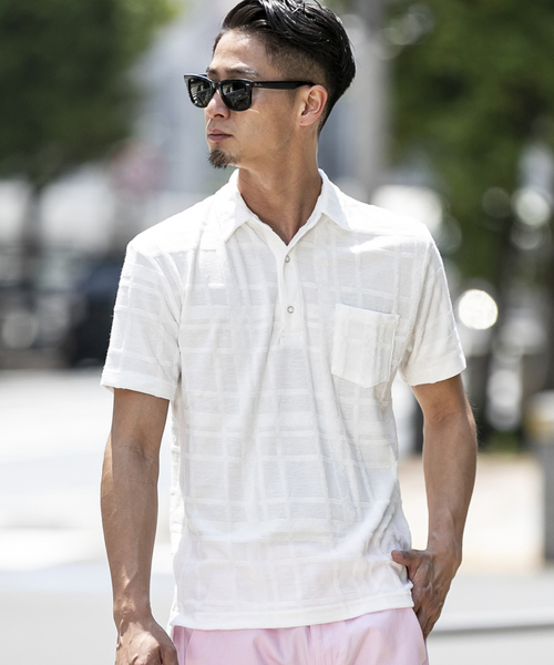 A.S.M（エーエスエム）の「チェック柄 ジャカード パイル 半袖 ポロシャツ（ポロシャツ・メンズ・グレー/ネイビー/ホワイト/ブラック・48/50）」の2枚目の写真