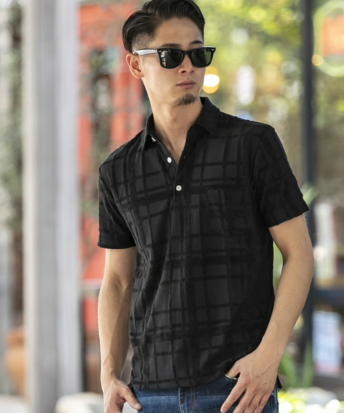 A.S.M（エーエスエム）の「チェック柄 ジャカード パイル 半袖 ポロシャツ（ポロシャツ・メンズ・グレー/ネイビー/ホワイト/ブラック・48/50）」の3枚目の写真