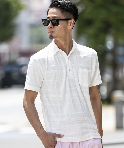 A.S.M（エーエスエム）の「チェック柄 ジャカード パイル 半袖 ポロシャツ（ポロシャツ・メンズ・グレー/ネイビー/ホワイト/ブラック・48/50）」の12枚目の写真