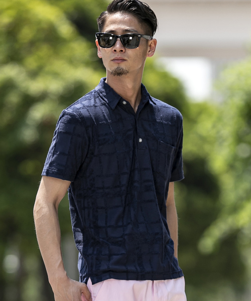 A.S.M（エーエスエム）の「チェック柄 ジャカード パイル 半袖 ポロシャツ（ポロシャツ・メンズ・グレー/ネイビー/ホワイト/ブラック・48/50）」の9枚目の写真