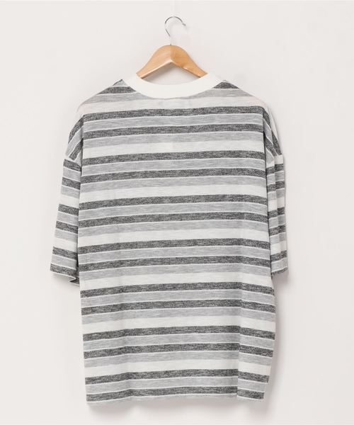 Vicci(ビッチ)の「『vicci/ヴィッチ』ボーダー柄ドロップショルダー5分袖ニットTシャツ(Tシャツ/カットソー・メンズ・ネイビー/グレー・L/M)」の8枚目の写真