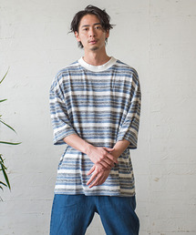 『vicci/ヴィッチ』ボーダー柄ドロップショルダー5分袖ニットTシャツ