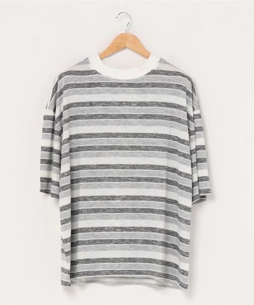 Vicci(ビッチ)の「『vicci/ヴィッチ』ボーダー柄ドロップショルダー5分袖ニットTシャツ(Tシャツ/カットソー・メンズ・ネイビー/グレー・L/M)」の7枚目の写真