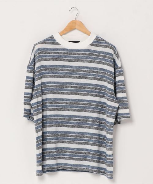 Vicci(ビッチ)の「『vicci/ヴィッチ』ボーダー柄ドロップショルダー5分袖ニットTシャツ(Tシャツ/カットソー・メンズ・ネイビー/グレー・L/M)」の9枚目の写真