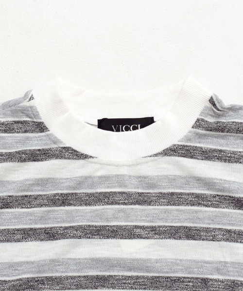 Vicci(ビッチ)の「『vicci/ヴィッチ』ボーダー柄ドロップショルダー5分袖ニットTシャツ(Tシャツ/カットソー・メンズ・ネイビー/グレー・L/M)」の10枚目の写真