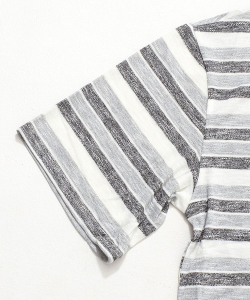 Vicci(ビッチ)の「『vicci/ヴィッチ』ボーダー柄ドロップショルダー5分袖ニットTシャツ(Tシャツ/カットソー・メンズ・ネイビー/グレー・L/M)」の11枚目の写真