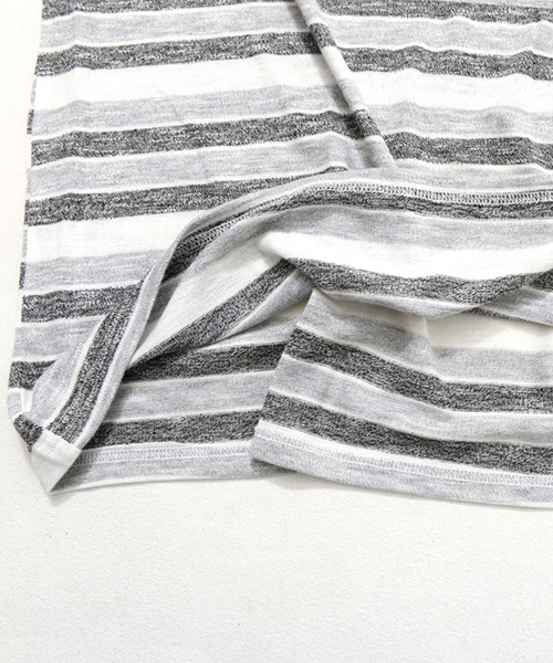 Vicci(ビッチ)の「『vicci/ヴィッチ』ボーダー柄ドロップショルダー5分袖ニットTシャツ(Tシャツ/カットソー・メンズ・ネイビー/グレー・L/M)」の13枚目の写真