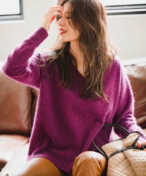 BAYFLOW（ベイフロー）の「ラクーンMIX Vネックニットプルオーバー（ニット/セーター・レディース・ライトブルー/ベージュ/パープル/マスタード/オレンジ/ネイビー・SMALL/MEDIUM）」の5枚目の写真