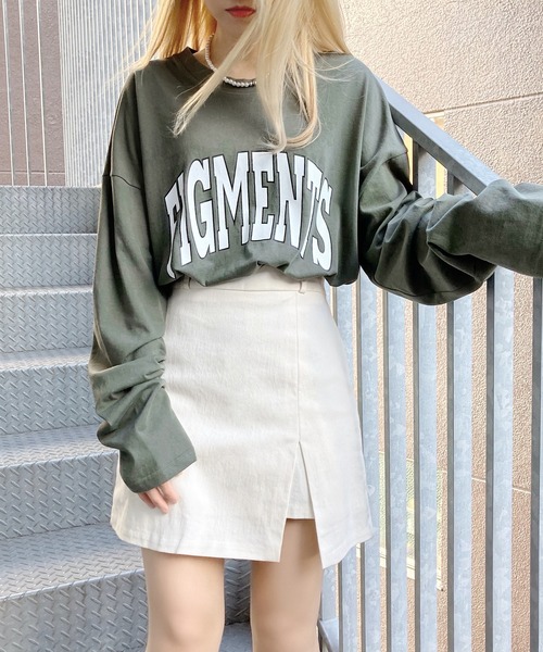 Figments(フィグメンツ)の「カレッジロゴロンT(Tシャツ/カットソー・レディース・サックスブルー/カーキ/スミクロ/ダークグリーン/ブラック/ブルー系その他・FREE)」の1枚目の写真