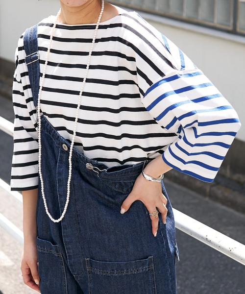 CIAOPANIC TYPY（チャオパニックティピー）の「【ZOZOTOWN限定】バスクボーダーオーバーハーフスリーブTee（Tシャツ/カットソー・レディース・ホワイト/グリーン/ブルー/ホワイト系その他/オレンジ・ONE SIZE）」の3枚目の写真