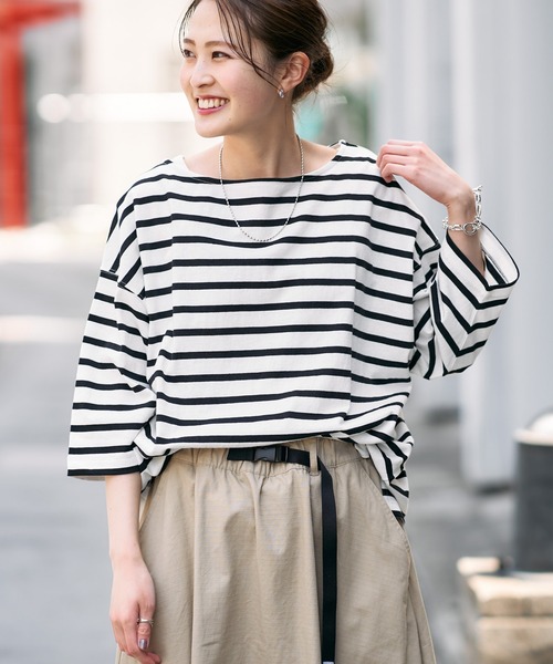 CIAOPANIC TYPY（チャオパニックティピー）の「【ZOZOTOWN限定】バスクボーダーオーバーハーフスリーブTee（Tシャツ/カットソー・レディース・ホワイト/グリーン/ブルー/ホワイト系その他/オレンジ・ONE SIZE）」の2枚目の写真