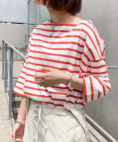 CIAOPANIC TYPY（チャオパニックティピー）の「【ZOZOTOWN限定】バスクボーダーオーバーハーフスリーブTee（Tシャツ/カットソー・レディース・ホワイト/グリーン/ブルー/ホワイト系その他/オレンジ・ONE SIZE）」の5枚目の写真