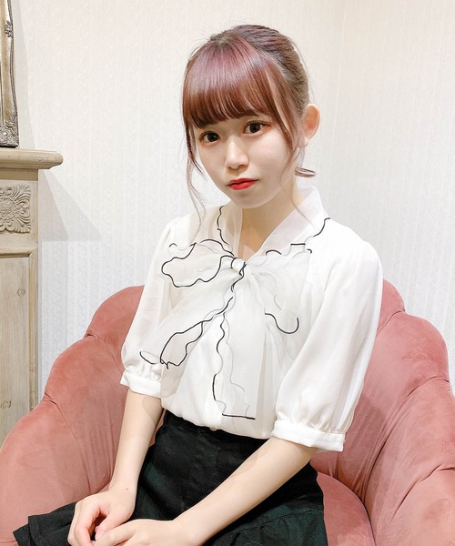 Rmine（アールマイン）の「配色リボンシアーブラウス（シャツ/ブラウス・レディース・アイボリー/ピンク・FREE）」の4枚目の写真