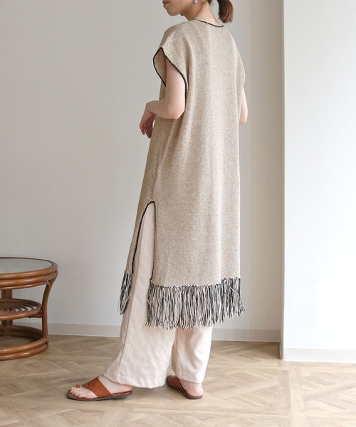 vingtrois（バントロア）の「【Vingtrois】リネンブレンドテープヤーン配色フリンジチュニックカフタンワンピース（ワンピース・レディース・ライトグレー/ベージュ・M）」の13枚目の写真