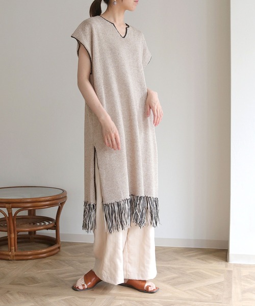 vingtrois（バントロア）の「【Vingtrois】リネンブレンドテープヤーン配色フリンジチュニックカフタンワンピース（ワンピース・レディース・ライトグレー/ベージュ・M）」の9枚目の写真
