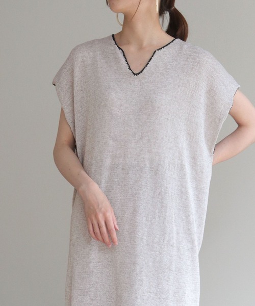 vingtrois（バントロア）の「【Vingtrois】リネンブレンドテープヤーン配色フリンジチュニックカフタンワンピース（ワンピース・レディース・ライトグレー/ベージュ・M）」の6枚目の写真