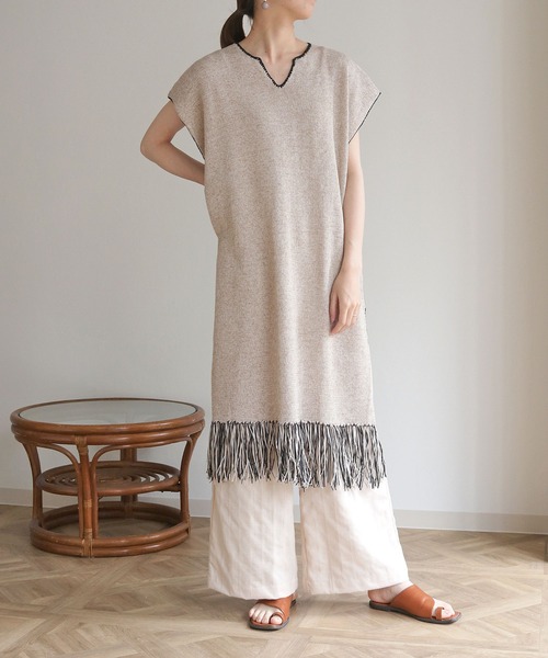 vingtrois（バントロア）の「【Vingtrois】リネンブレンドテープヤーン配色フリンジチュニックカフタンワンピース（ワンピース・レディース・ライトグレー/ベージュ・M）」の20枚目の写真